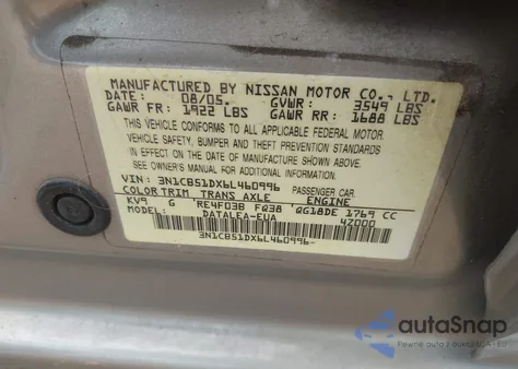 2006 Nissan Sentra 1.8S z USA, uszkodzony, nr VIN 3N1CB51DX6L460996